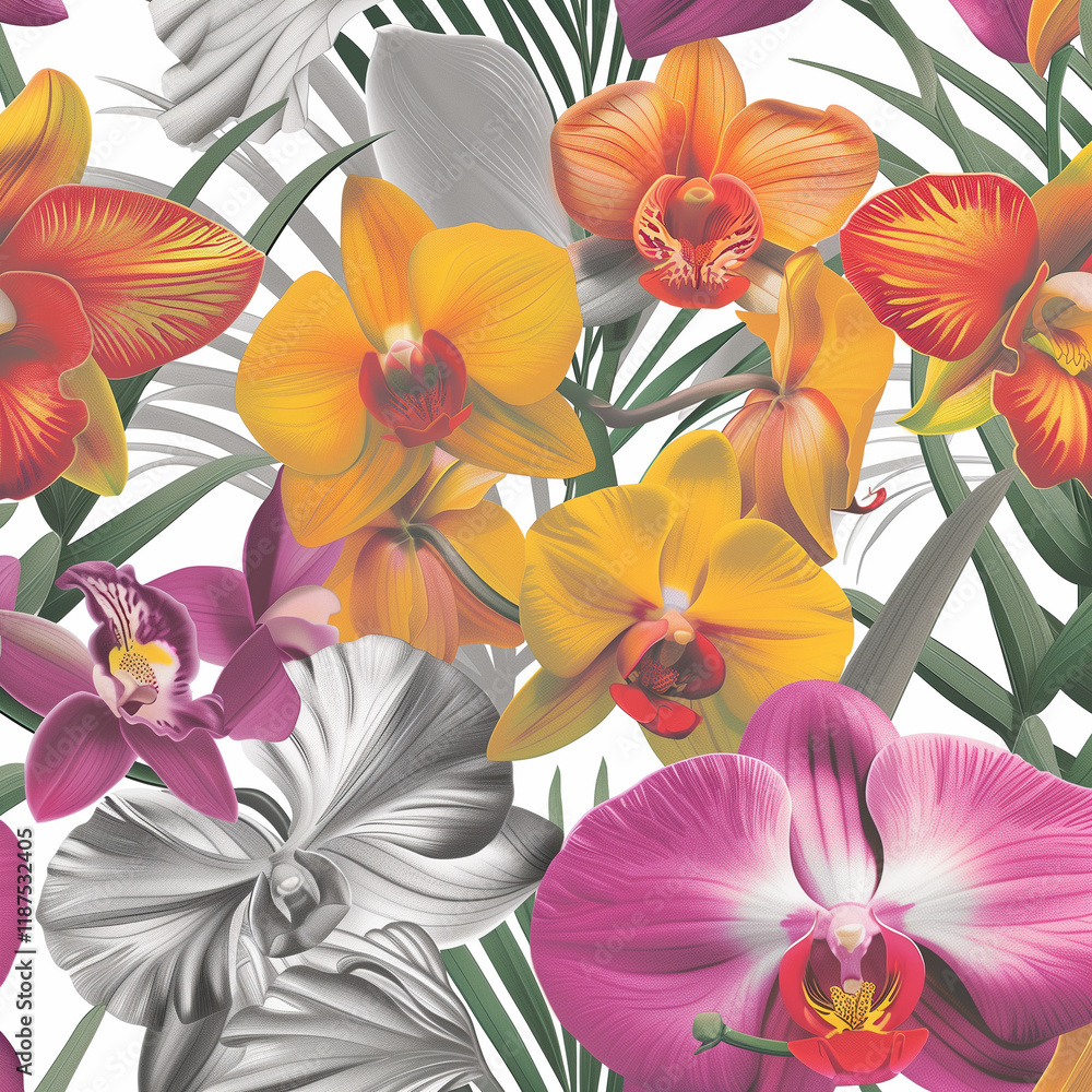 Obraz premium Seamless Tiling Vibrant Tropical Orchid Burst Pattern