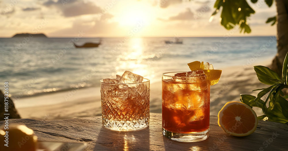 Two cocktails on a beach table at sunset, evoking relaxation and leisure. Two cocktails on a beach table at sunset, evoking relaxation and leisure.