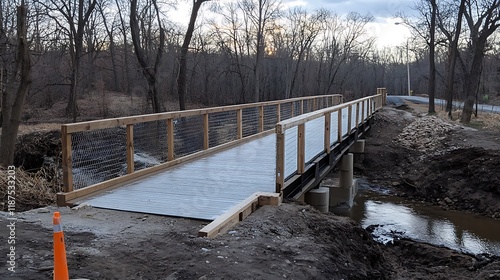 Newly Constructed Pedestrian Bridge Over Creek in Wooded Area photo