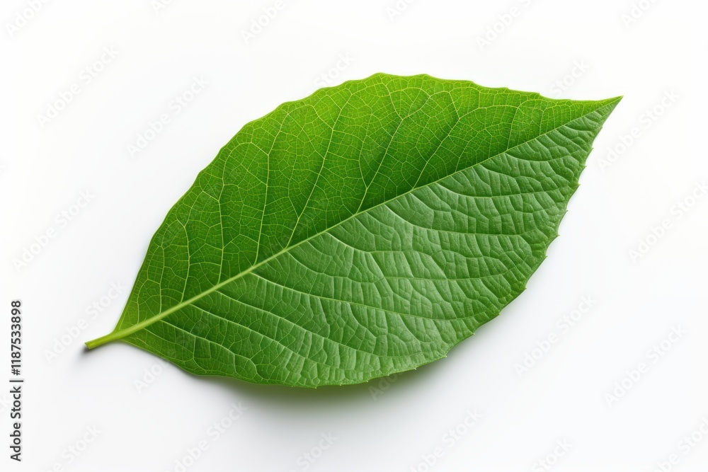 Fresh green leaf showcasing intricate vein patterns with a natural sheen on a white background