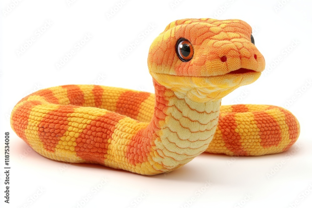 Fototapeta premium a long, realistic plush toy snake with a tongue in orange, yellow, and white background