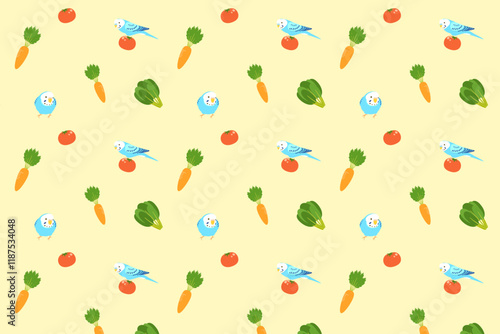 セキセイインコと野菜のパターン背景（イエロー）