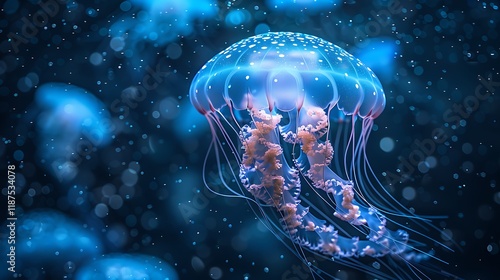 Glowing jellyfish underwater with bokeh. photo