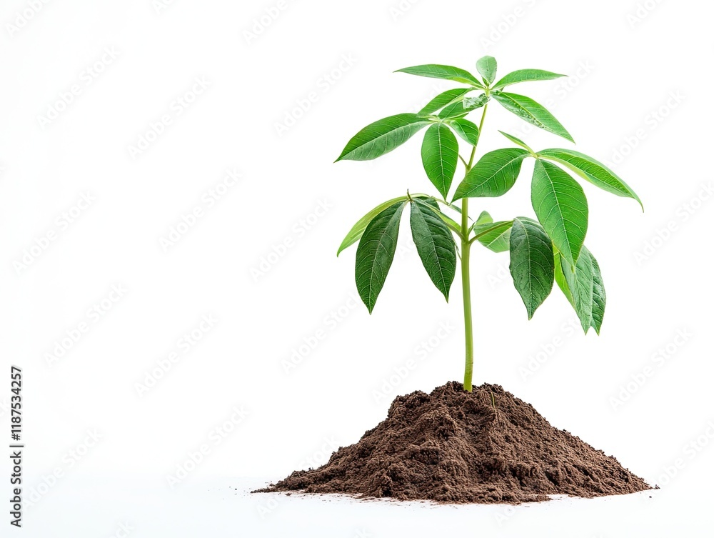 Young plant seedling growing in soil, isolated on white background; nature, growth, ecology concept. Young plant seedling growing in soil, isolated on white background; nature, growth, ecology concept.