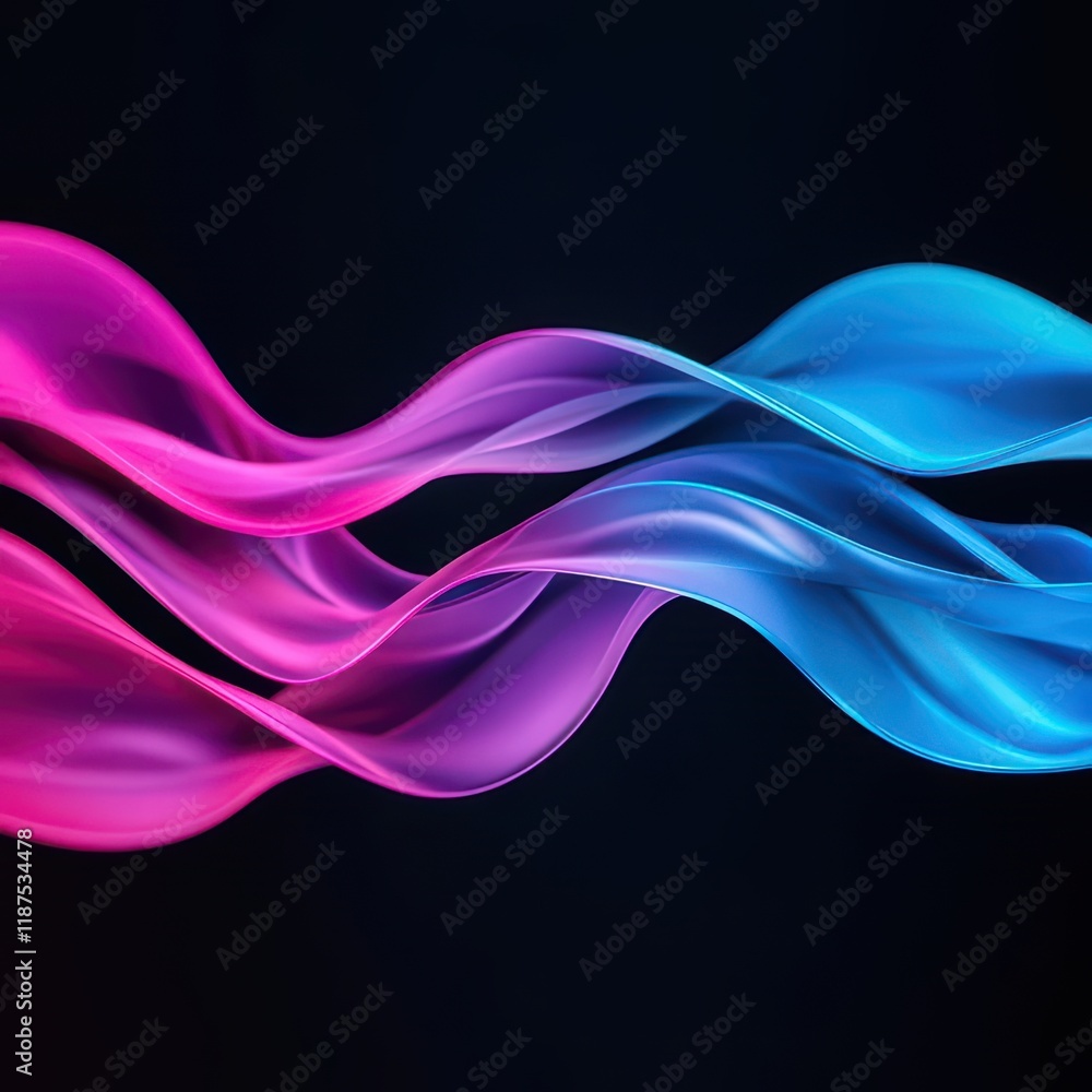 Fototapeta premium A vibrant wave-like pattern in pink and blue hues against a dark background, showcasing dynamic fluidity and color contrast.