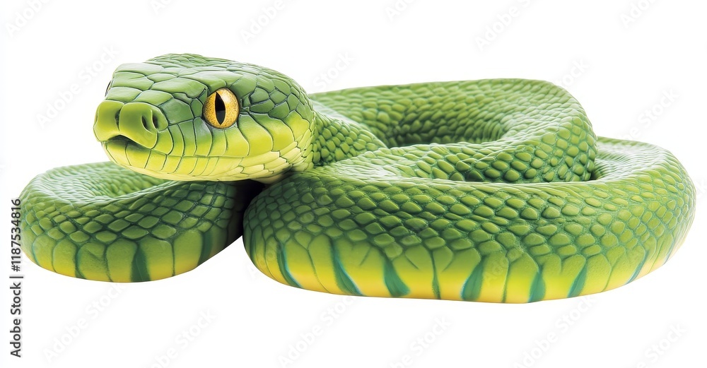 Fototapeta premium Brown spotted green pit viper, head high. High detail. Looking sideways. Cutout on a transparent background