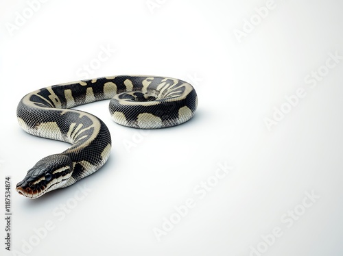 Pinstripe ballpython snake (Python regius) approaching the camera. The head is clearly detailed and faces the viewer, presented in an isolated cutout with a transparent background photo