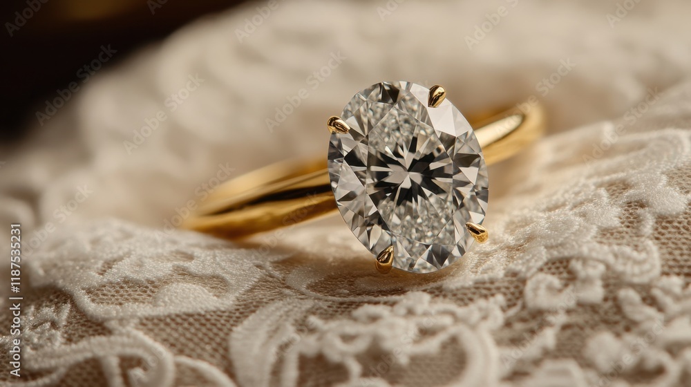 Obraz premium An oval-cut diamond ring styled with gold accents, placed on a luxurious lace fabric.