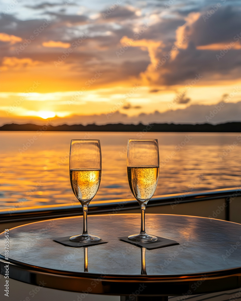 Two glasses of sparkling wine on a table with a sunset backdrop over calm water. Two glasses of sparkling wine on a table with a sunset backdrop over calm water.