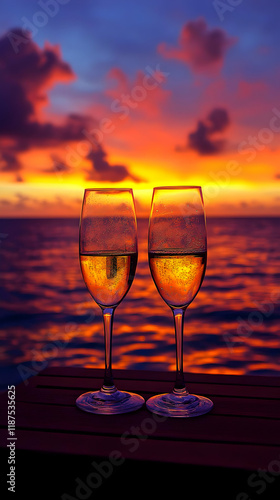 Two glasses of champagne against a vibrant sunset over the ocean.
