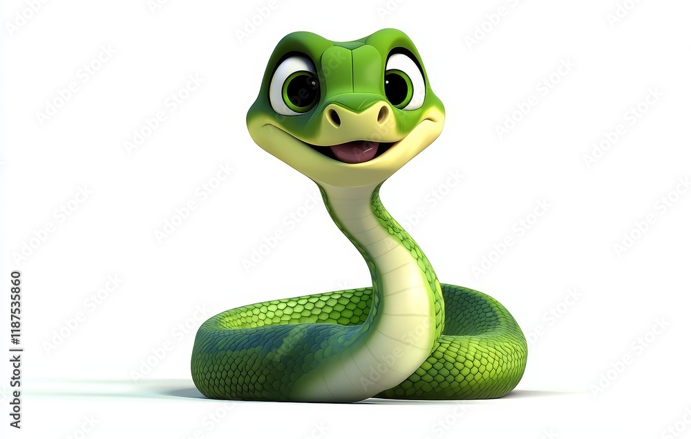 Fototapeta premium Cute green cartoon snake with a transparent background