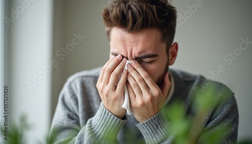 Wallpaper Mural A young man with a distressed expression is wiping his tears with a tissue, surrounded by soft greenery. This poignant moment captures vulnerability and the weight of emotions, reflecting a deep sense Torontodigital.ca