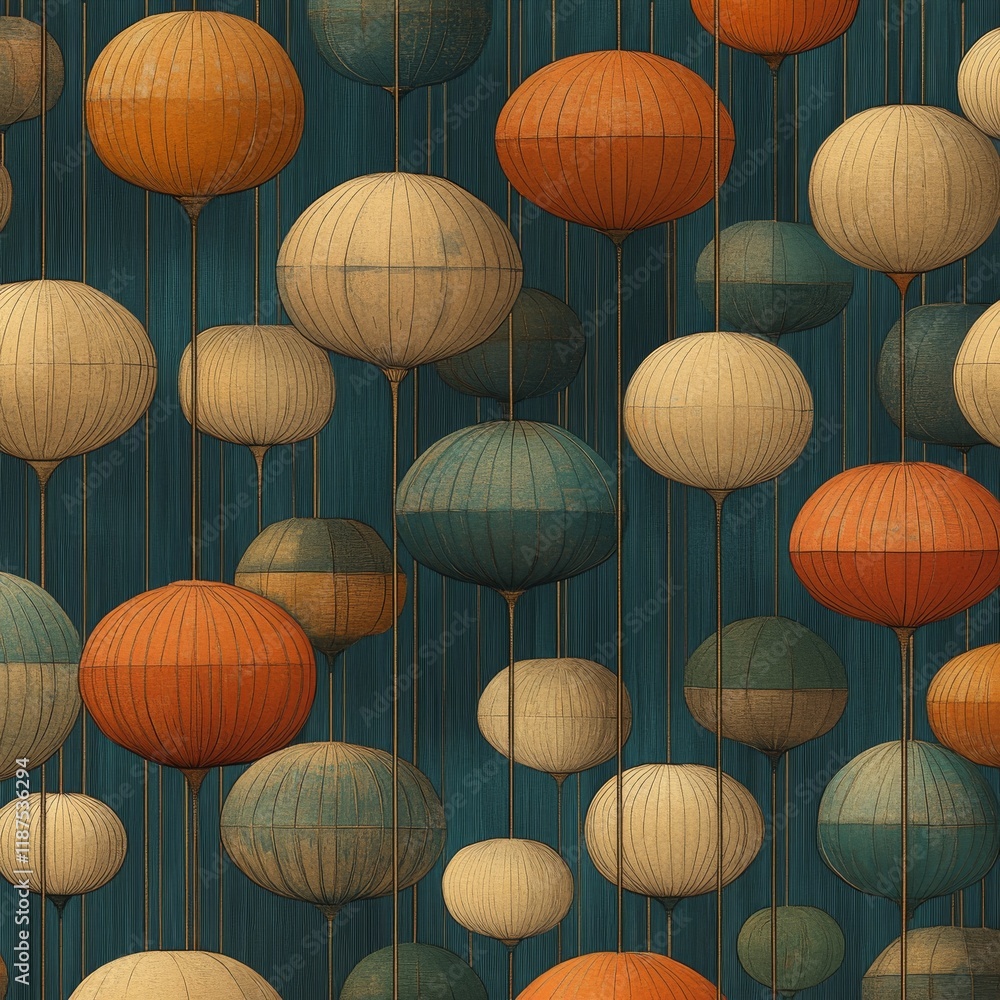 Fototapeta premium Retro vintage design style decorative ornament. Modern background with geometric seamless pattern. Mid-century modern look featuring flowers and leaves