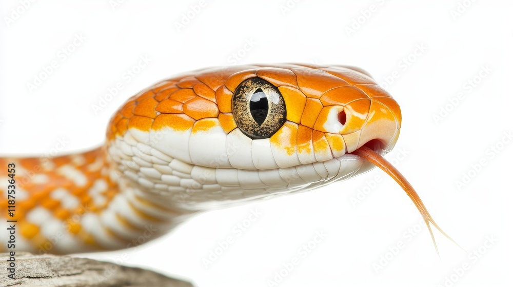Fototapeta premium baby red rat snake Pantherophis guttatus on isolated white background with wood