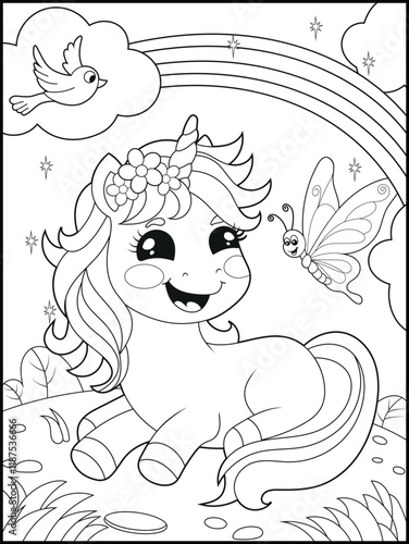 Black and White Unicorn Coloring Page for Kids. Cute, Hand-Drawn, Printable Activity Sheet with Cartoon Characters.
