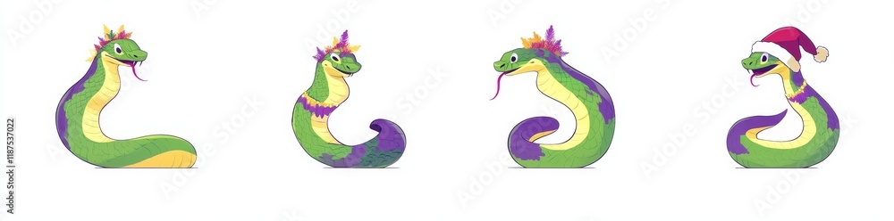 Fototapeta premium Cute snakes in diverse colors and postures, wearing Santa Claus hats. Symbols representing the year 2025. A collection of flat modern illustrations in an easy children's style. Modern illustration