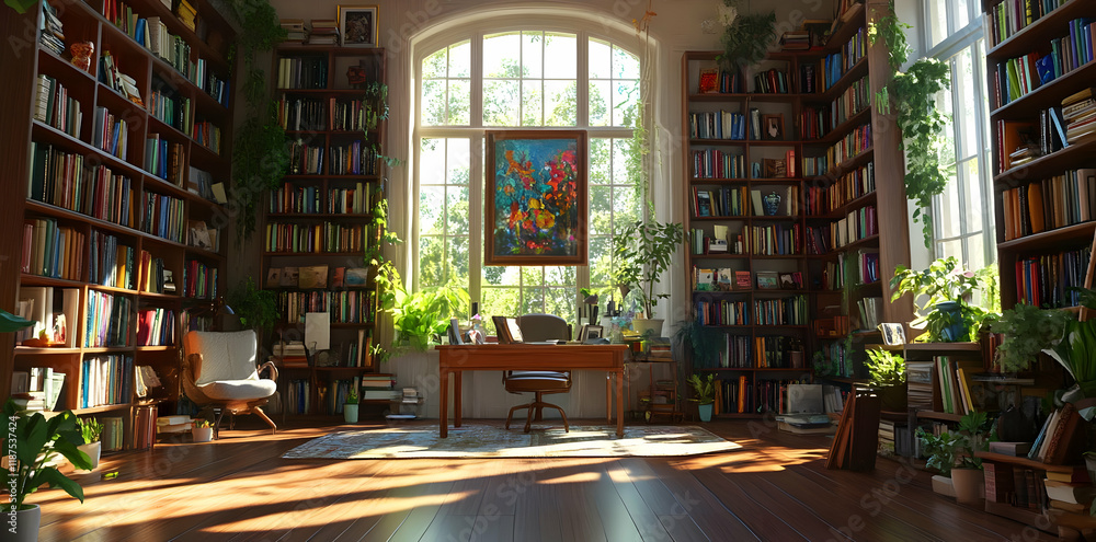 A cozy library with bookshelves, a desk, and plants, creating a serene reading space. A cozy library with bookshelves, a desk, and plants, creating a serene reading space.