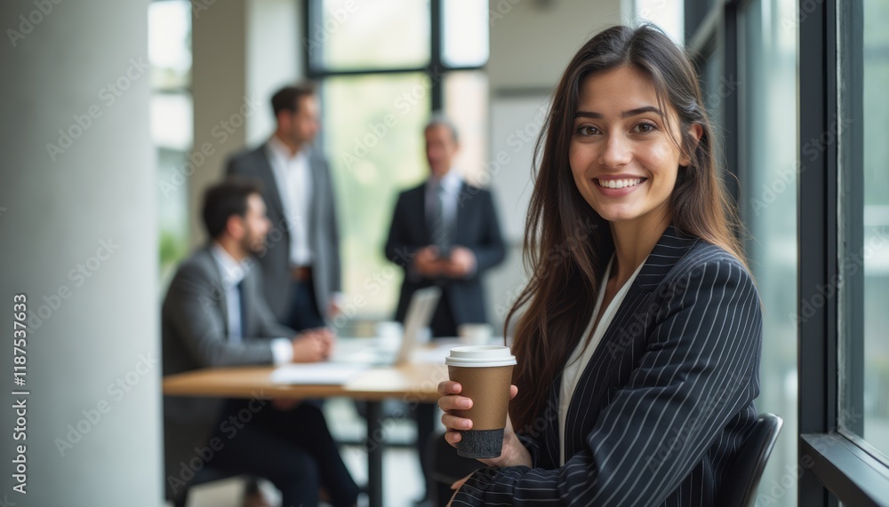 A smiling young woman with long dark hair holds a coffee cup, exuding confidence in a stylish pinstripe suit. In the background, three men in business attire engage in a discussion, creating a dynamic A smiling young woman with long dark hair holds a coffee cup, exuding confidence in a stylish pinstripe suit. In the background, three men in business attire engage in a discussion, creating a dynamic