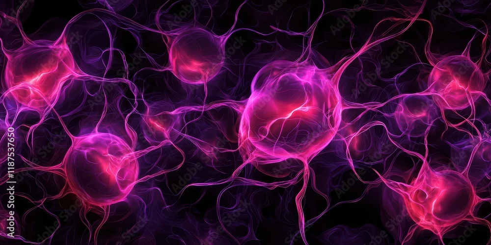A vibrant, abstract depiction of interconnected cells or neurons, showcasing a blend of purple and pink hues against a dark background. A vibrant, abstract depiction of interconnected cells or neurons, showcasing a blend of purple and pink hues against a dark background.