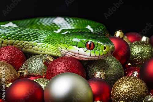 A green snake entwines green Christmas balls, signifying the symbol of the 2025 year photo