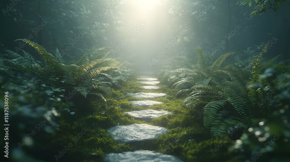 Fototapeta premium Enchanted Forest Path: Sunlit Stone Steps Through Misty Woods