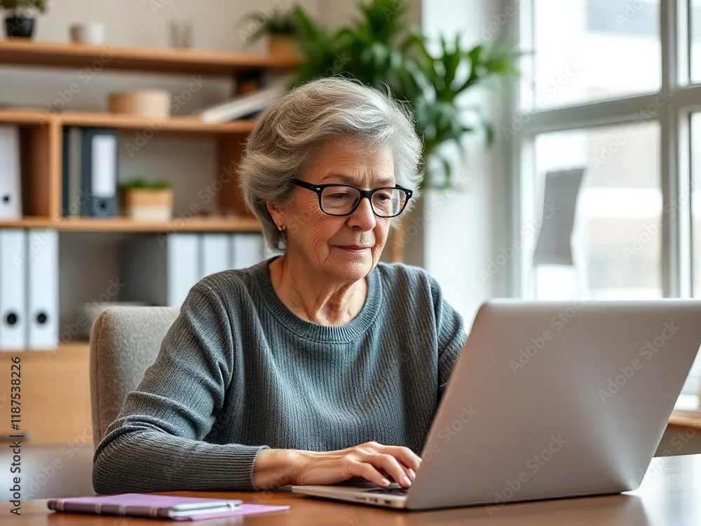 Happy eldery woman with laptop in office interior Happy eldery woman with laptop in office interior