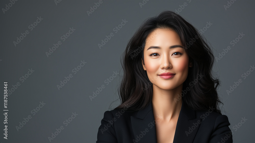 Obraz premium Confident Asian woman with long black hair wearing black blazer, smiling softly.