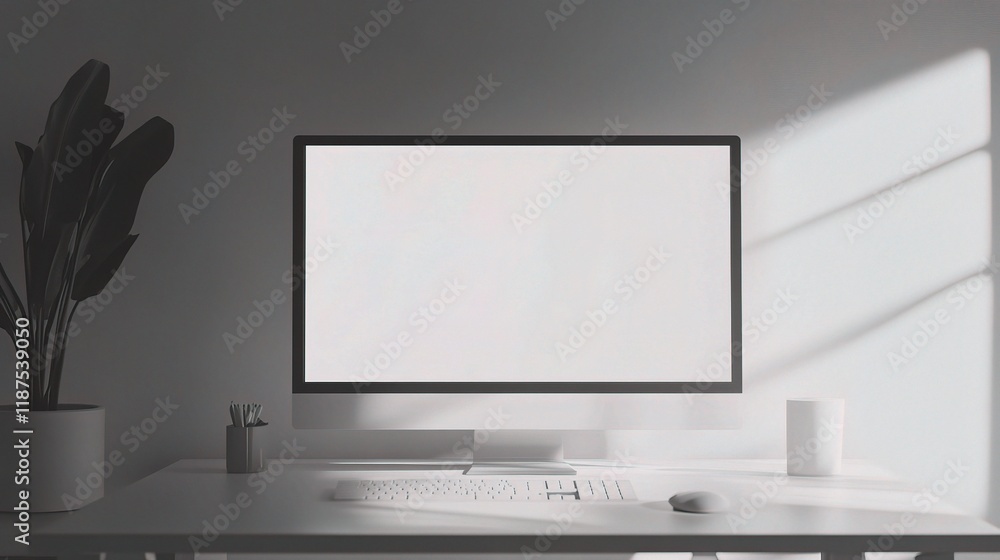 Workspace Minimalism: A modern, minimalist workspace featuring a sleek computer monitor with a blank screen, a desk, a potted plant, and a clean, uncluttered design. The sunlight casts shadows. Workspace Minimalism: A modern, minimalist workspace featuring a sleek computer monitor with a blank screen, a desk, a potted plant, and a clean, uncluttered design. The sunlight casts shadows.