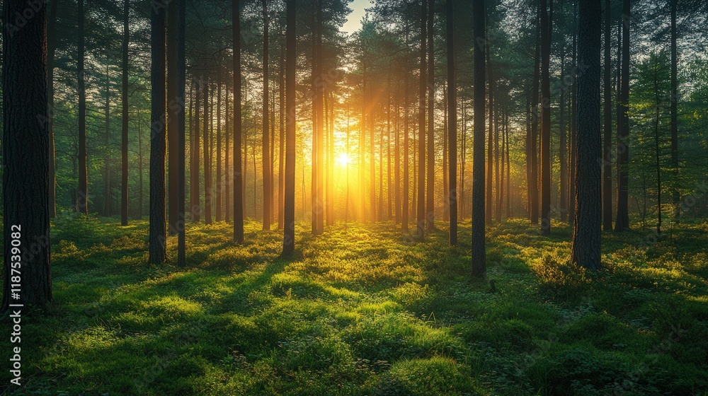 Obraz premium Golden sunrise illuminates a dense pine forest, casting long shadows on the mossy ground.