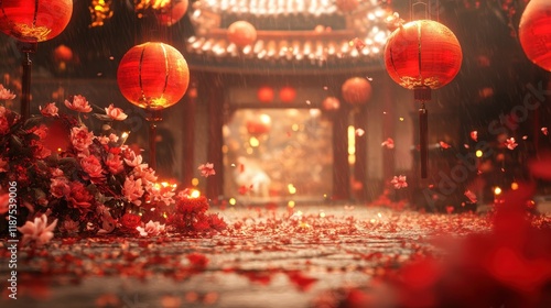 Red Lanterns Flowers Raining Pathway Temple photo