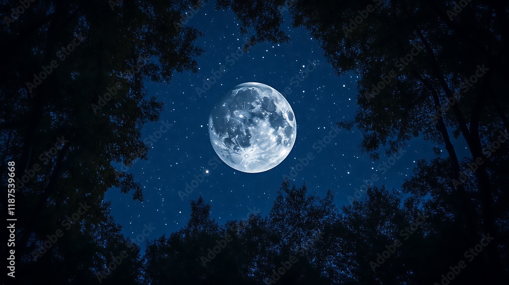 Naklejka premium Majestic Full Moon Illuminates Starry Night Sky Over Silhouetted Trees