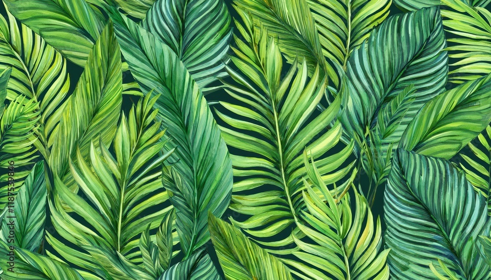 Vibrant Watercolor Tropical Palm Leaf Pattern on Seamless Green Background A Colourful Seascape of Lush Greenery and Detailed Textures Vibrant Watercolor Tropical Palm Leaf Pattern on Seamless Green Background A Colourful Seascape of Lush Greenery and Detailed Textures