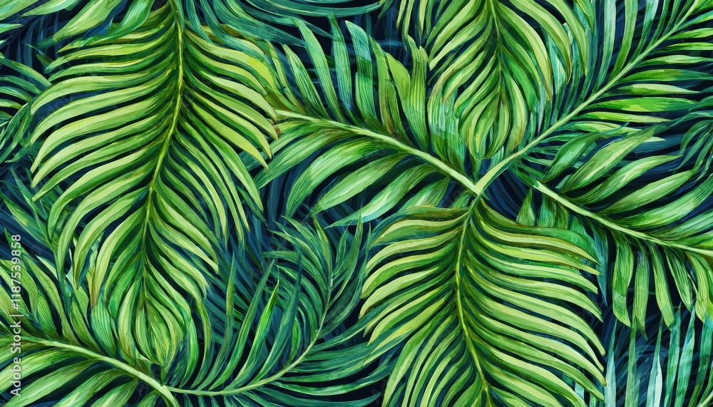 Vibrant Watercolor Tropical Palm Leaves Seamless Pattern on Green Background Colorful Artwork Showcasing Lush Tropical Textures and Colors Vibrant Watercolor Tropical Palm Leaves Seamless Pattern on Green Background Colorful Artwork Showcasing Lush Tropical Textures and Colors
