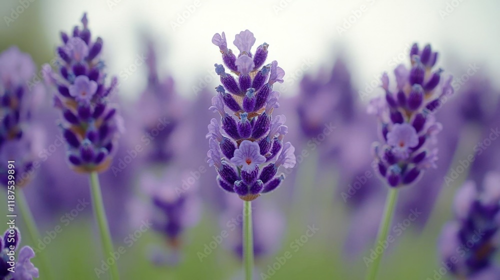 Obraz premium Close-up view of vibrant purple lavender blossoms in a field, showcasing delicate details and textures of the flowers, conveying a sense of calm and s
