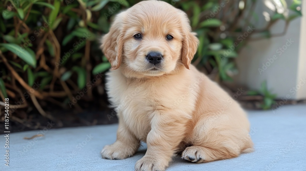 A cute golden retriever puppy sitting outdoors. A cute golden retriever puppy sitting outdoors.