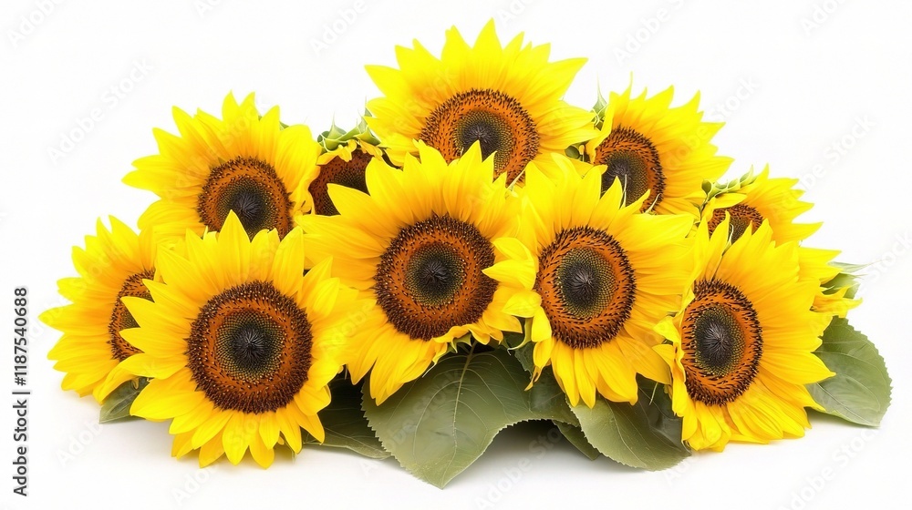Fototapeta premium Sunflowers in Bloom: A vibrant cluster of sunflowers, their radiant yellow petals and dark centers creating a cheerful display, bringing warmth and joy.