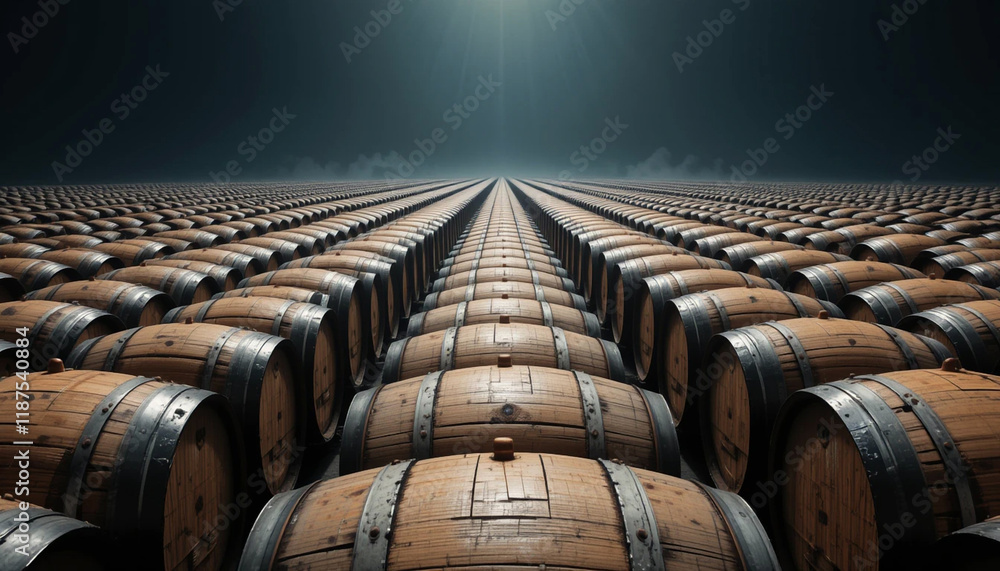 Rows of Wooden Wine Barrels in a Winery Cellar 