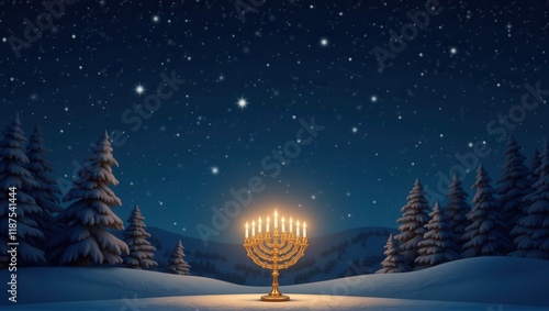 A glowing menorah shines brightly in the snowy landscape under a starry night sky, surrounded by snow-covered pine trees, symbolizing the warmth of Hanukkah. Generative, AI, photo