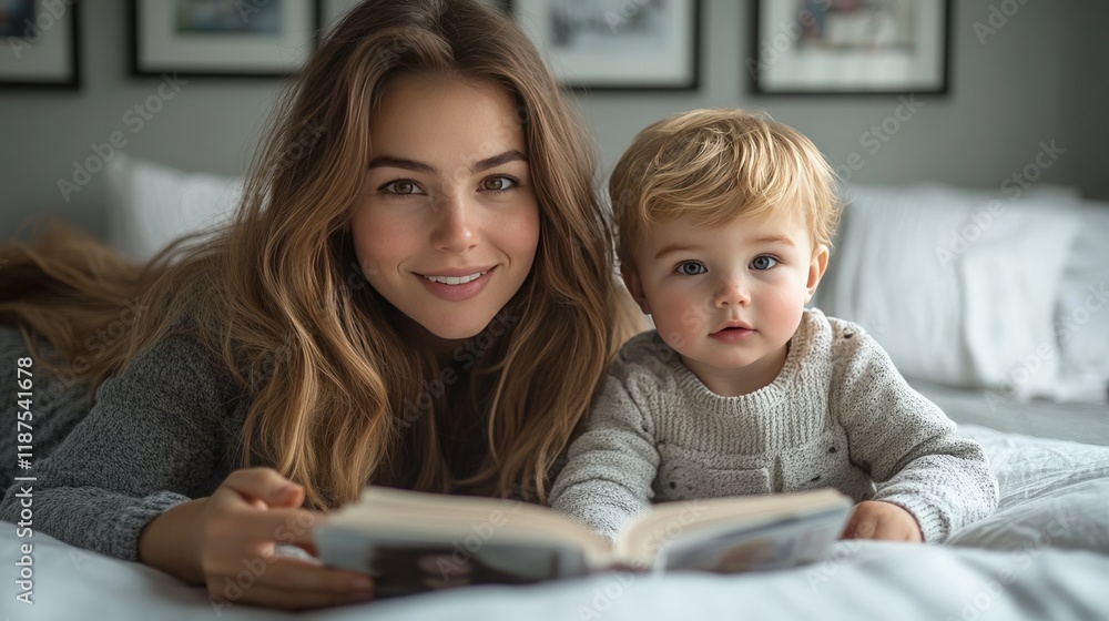 Happy mother and toddler son lying on bed, reading a book together. Happy mother and toddler son lying on bed, reading a book together.