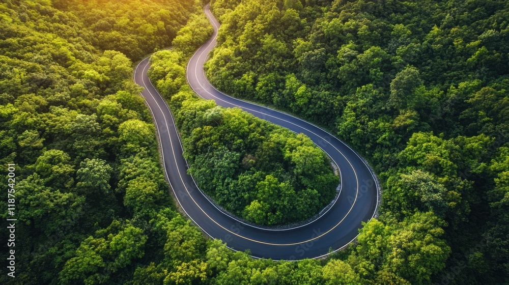 A scenic winding road in a deep forest glowing under bright golden sunlight. A scenic winding road in a deep forest glowing under bright golden sunlight.