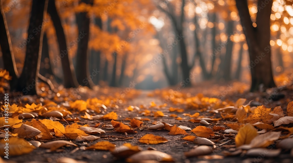 Autumnal Path: Golden Leaves and Misty Forest Autumnal Path: Golden Leaves and Misty Forest