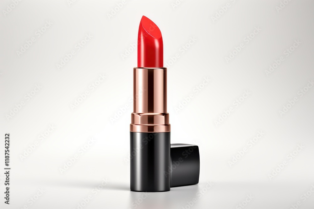 Bright red lipstick stands elegantly against a soft neutral background showcasing its vibrant color and sleek design Bright red lipstick stands elegantly against a soft neutral background showcasing its vibrant color and sleek design