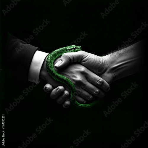 two hands shaking in a dark setting, with a snake wrapped around them, symbolizing danger or treachery.