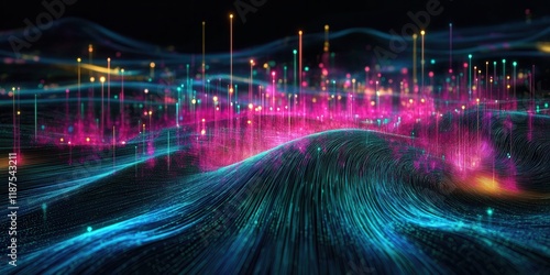Visual representation of colorful data streams in a digital landscape at night highlighting technology and innovation