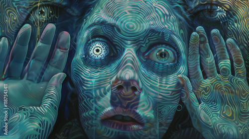 Surreal psychedelic portrait with swirling patterns, depicting altered consciousness and hallucinatory state, hands framing distorted face with ethereal turquoise effects photo