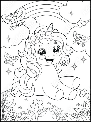 Black and White Unicorn Coloring Page for Kids. Cute, Hand-Drawn, Printable Activity Sheet with Cartoon Characters.
