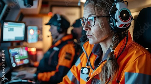 Emergency response team monitors operations in control center with focus on dedicated operator