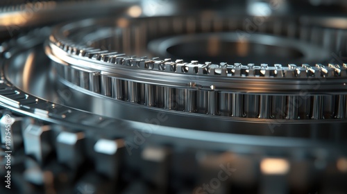 Close-up of steel gears turning in an abstract factory setting, reflecting the precision and power of industrial machinery.