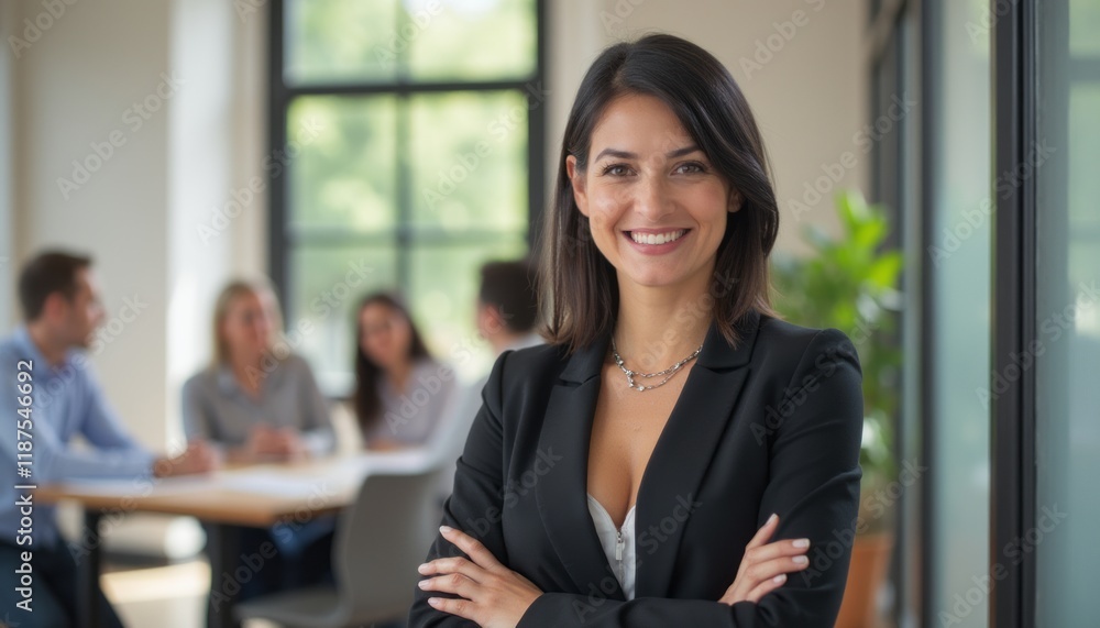 A poised businesswoman stands confidently with her arms crossed, exuding professionalism in a sleek office environment. Behind her, colleagues engage in a collaborative discussion, highlighting