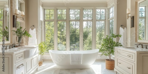 Bright bathroom design with large windows and stylish fixtures 